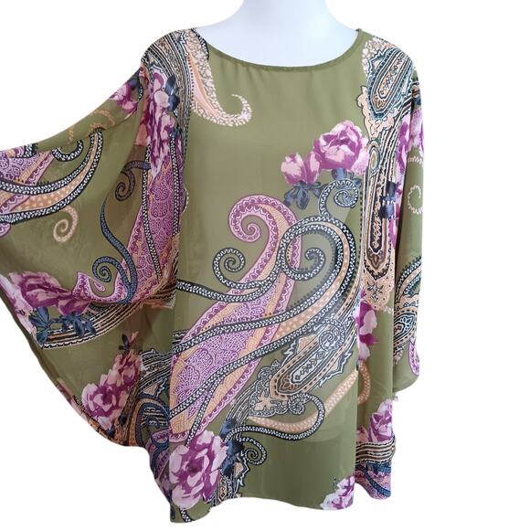 BOB MACKIE Kimono Artsy Floral Large Sheer Poncho Roses Paisley Dressy Green - Picture 1 of 10